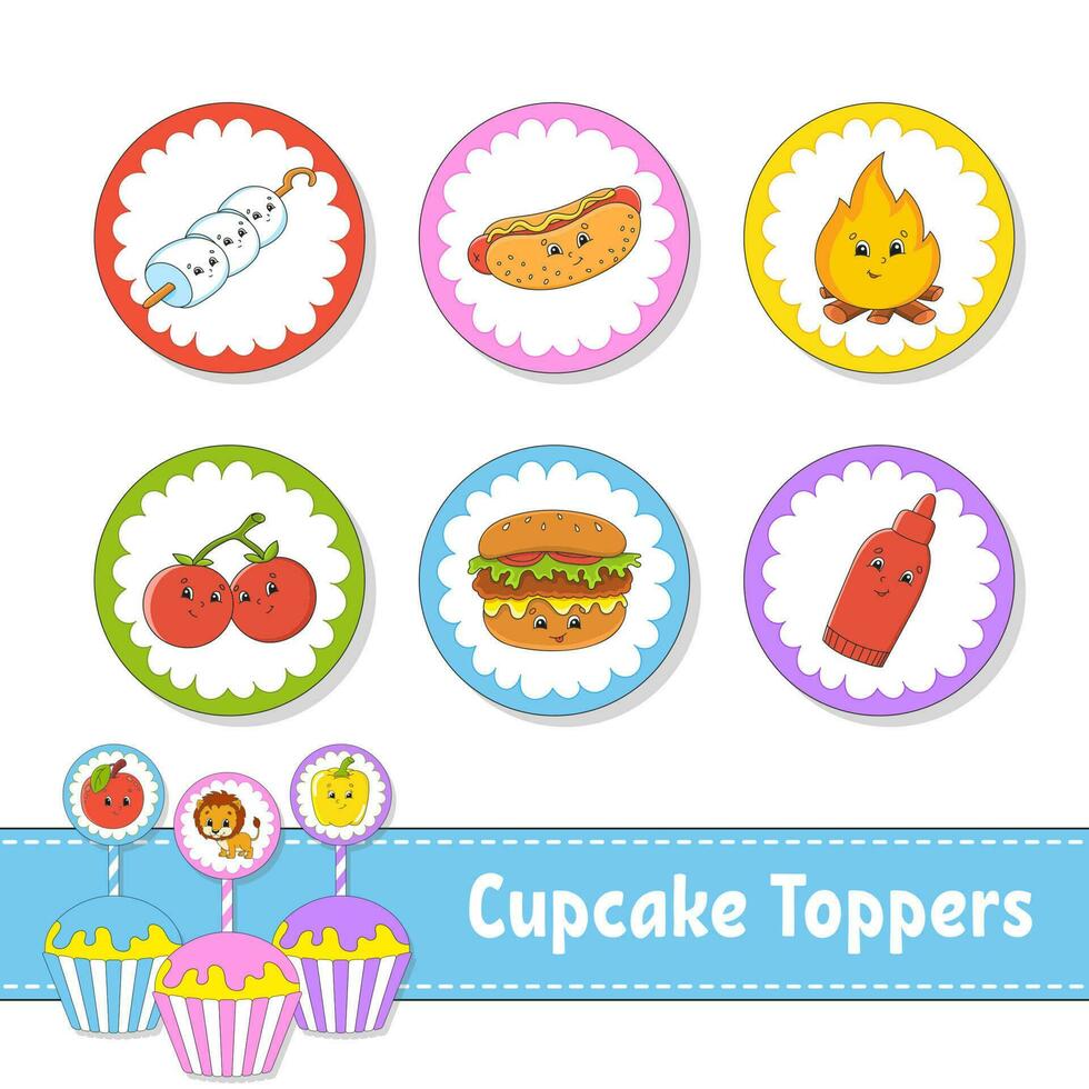 Cupcake Toppers. Set of six round pictures. Barbecue theme. cartoon characters. Cute image. For birthday, baby shower. vector