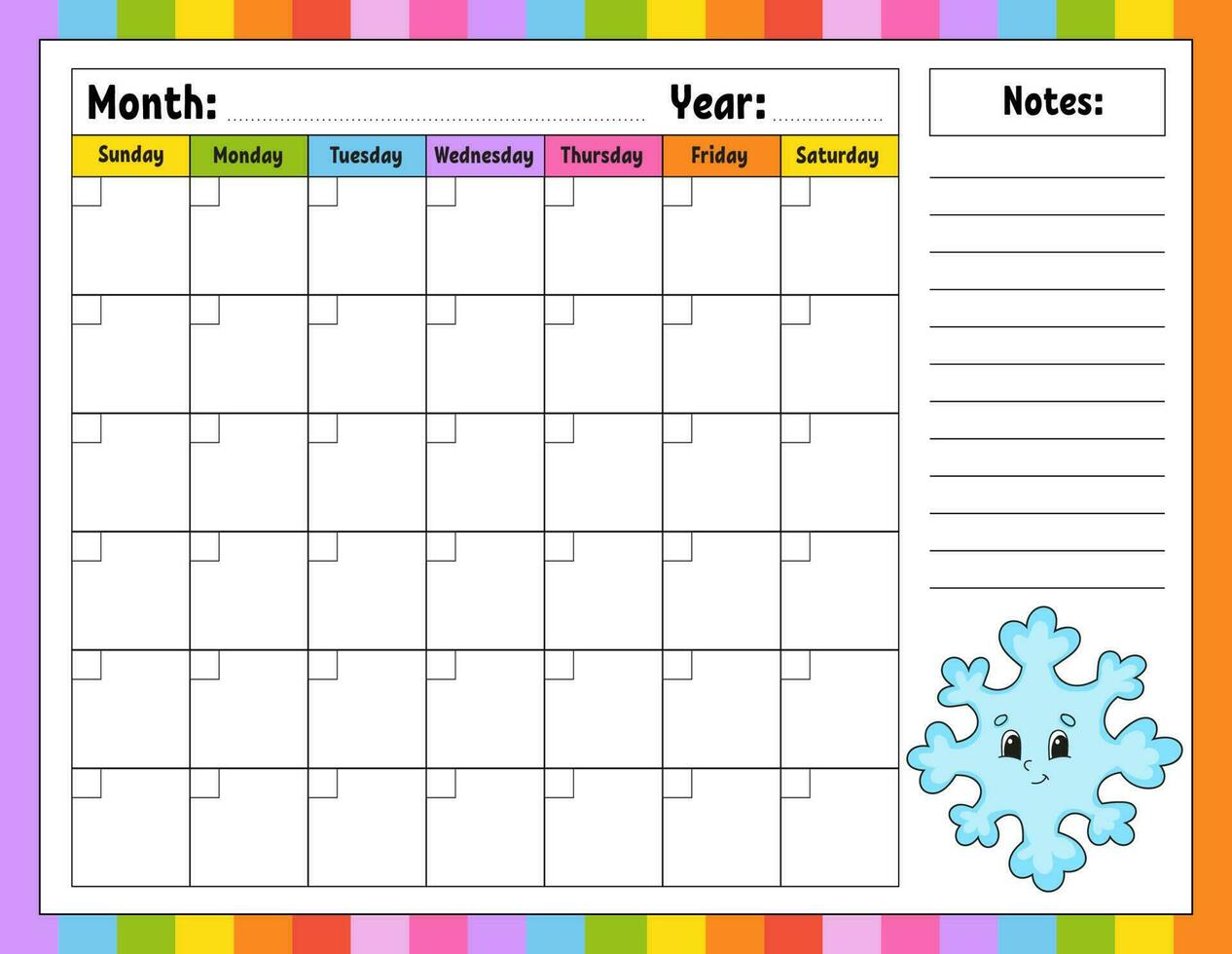 Blank calendar template for one month without dates. Colorful design with a cute character. Vector illustration.