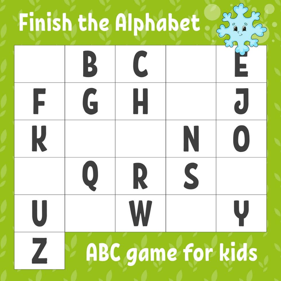 Finish the alphabet. ABC game for kids. Education developing worksheet. Learning game for kids. Christmas theme. Color activity page. vector
