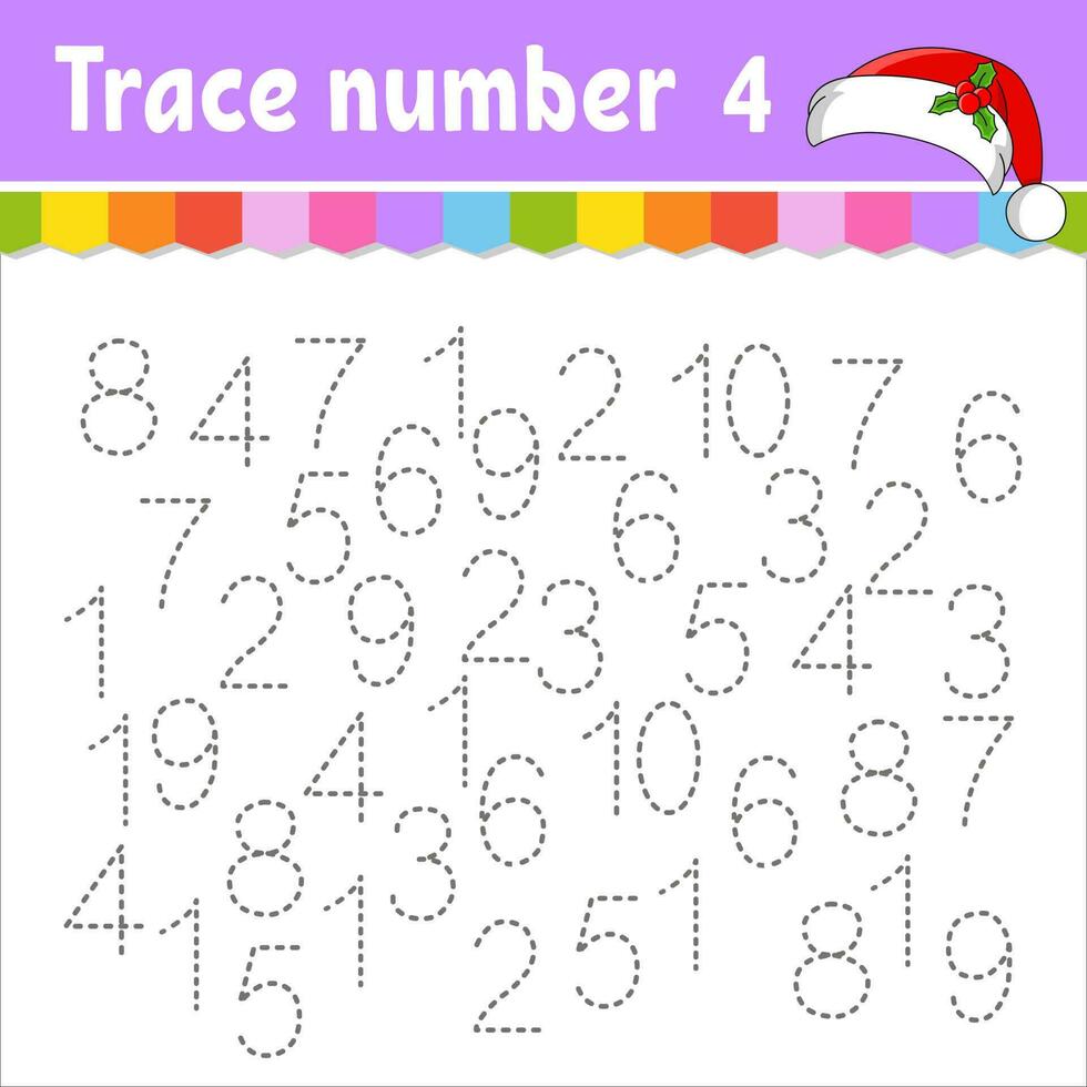Trace number . Handwriting practice. Learning numbers for kids. Education developing worksheet. Activity page. Christmas theme. Isolated vector illustration in cute cartoon style.