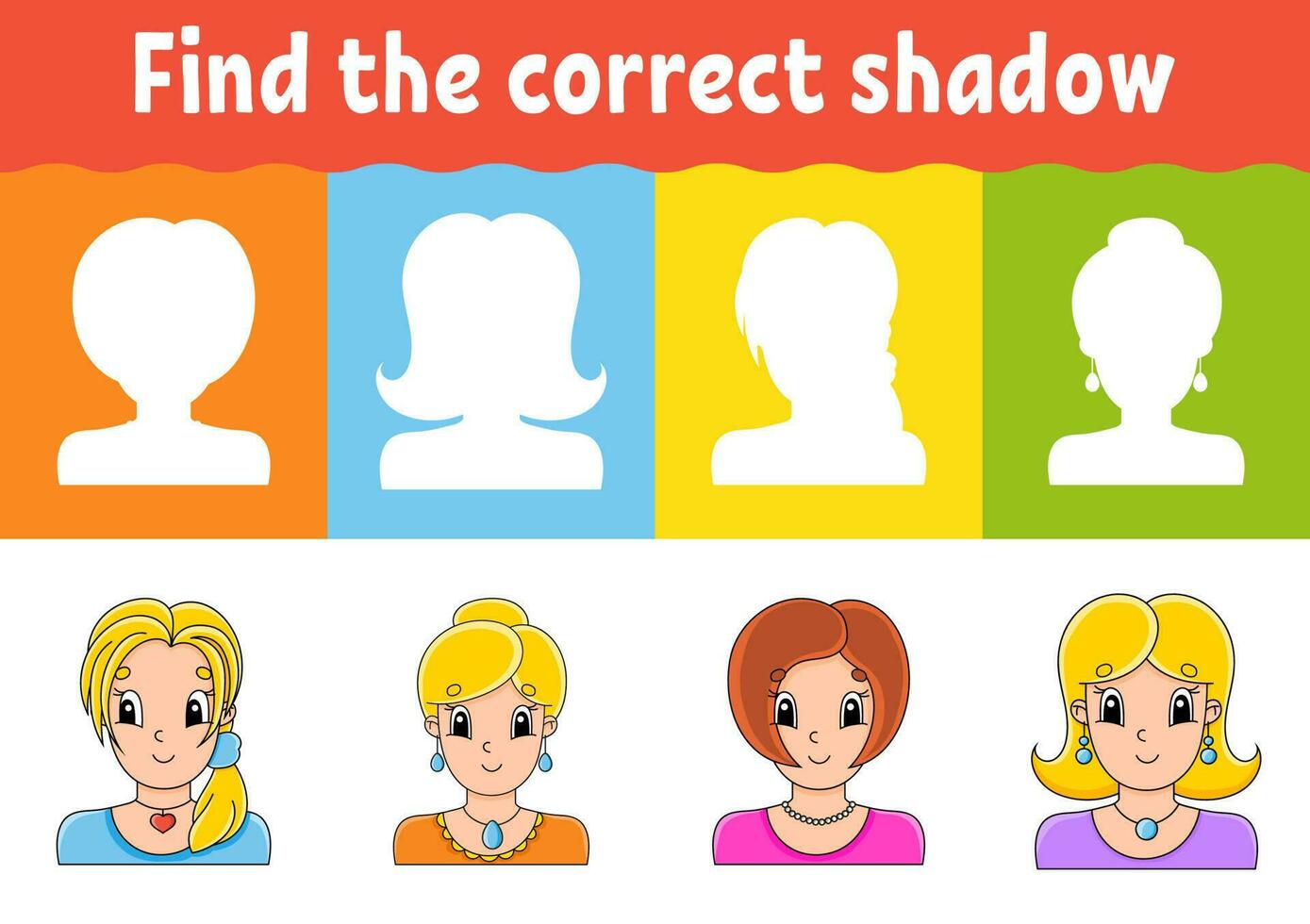 Find the correct shadow. Education worksheet. Matching game for kids. Color activity page. Puzzle for children. cartoon character. Vector illustration.