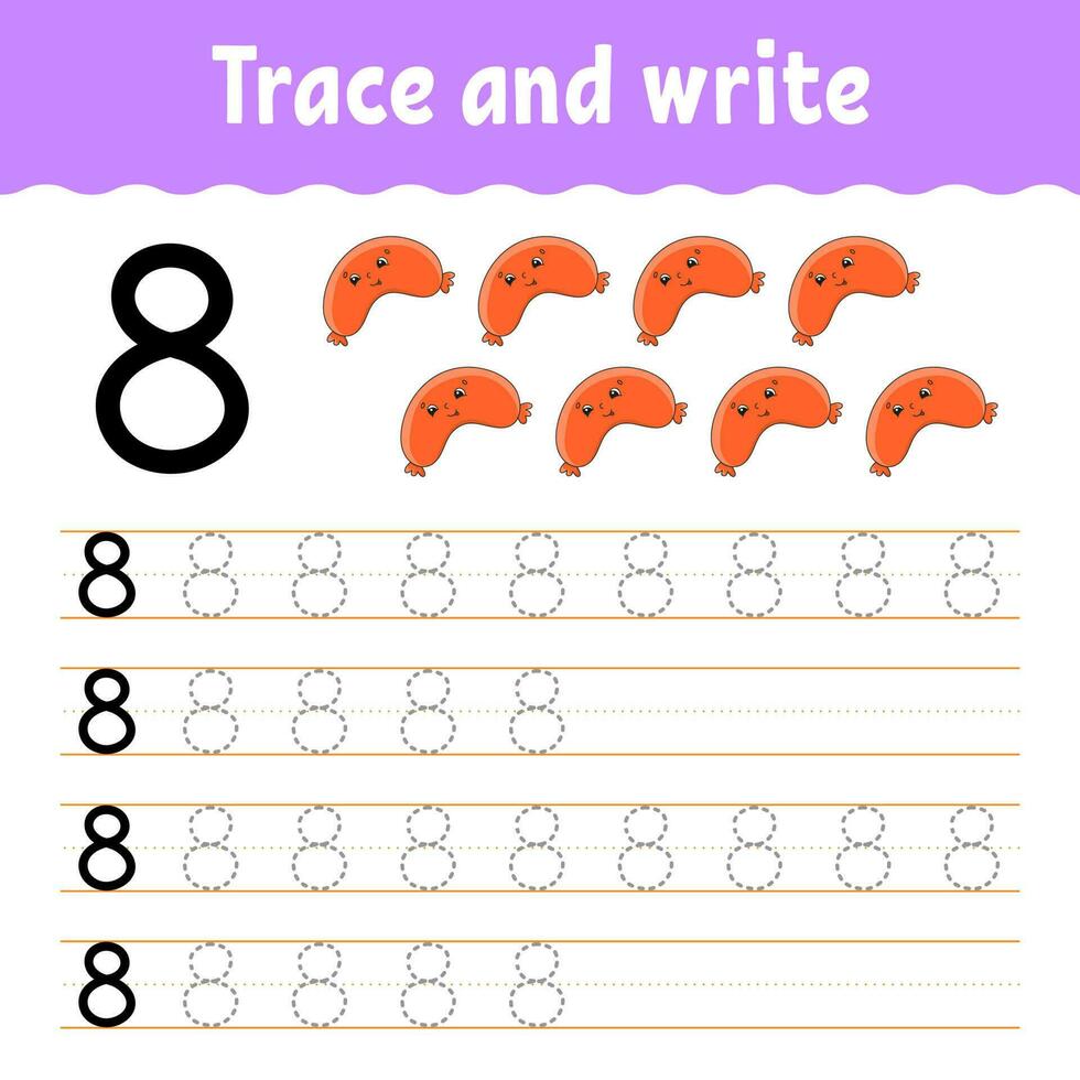 Learn Numbers. Trace and write. Handwriting practice. Learning numbers for kids. Education developing worksheet. Color activity page. Isolated vector illustration in cute cartoon style.