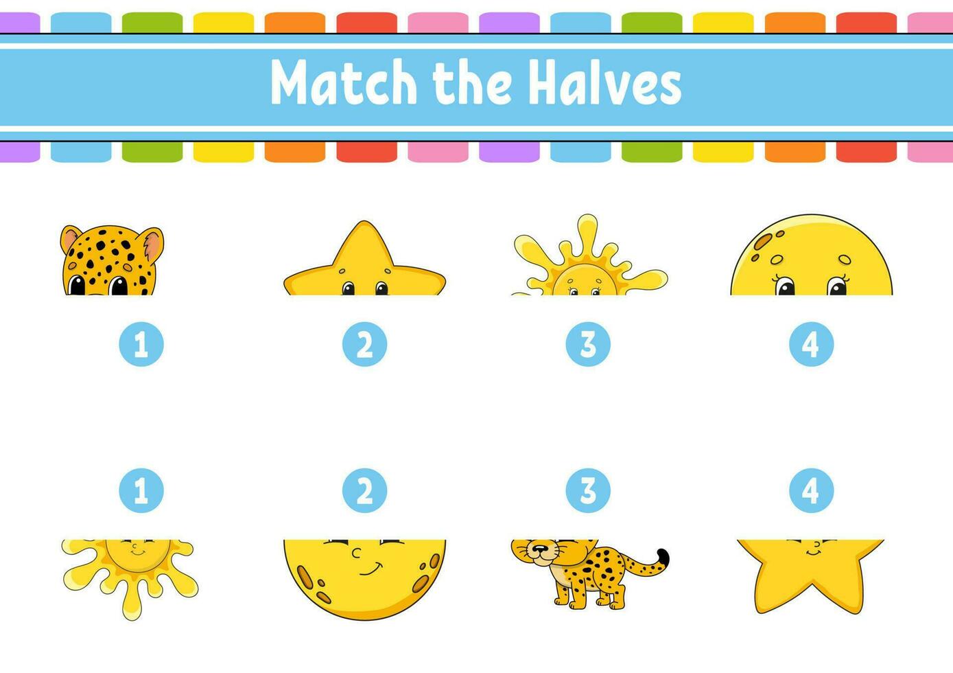 Match the halves. Education developing worksheet. Matching game for kids. Color activity page. Riddle for children. Cute character. Vector illustration. Cartoon style.