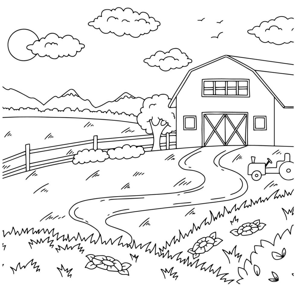 Wonderful natural landscape on farm. Coloring book page for kids. Cartoon style. Vector illustration isolated on white background.