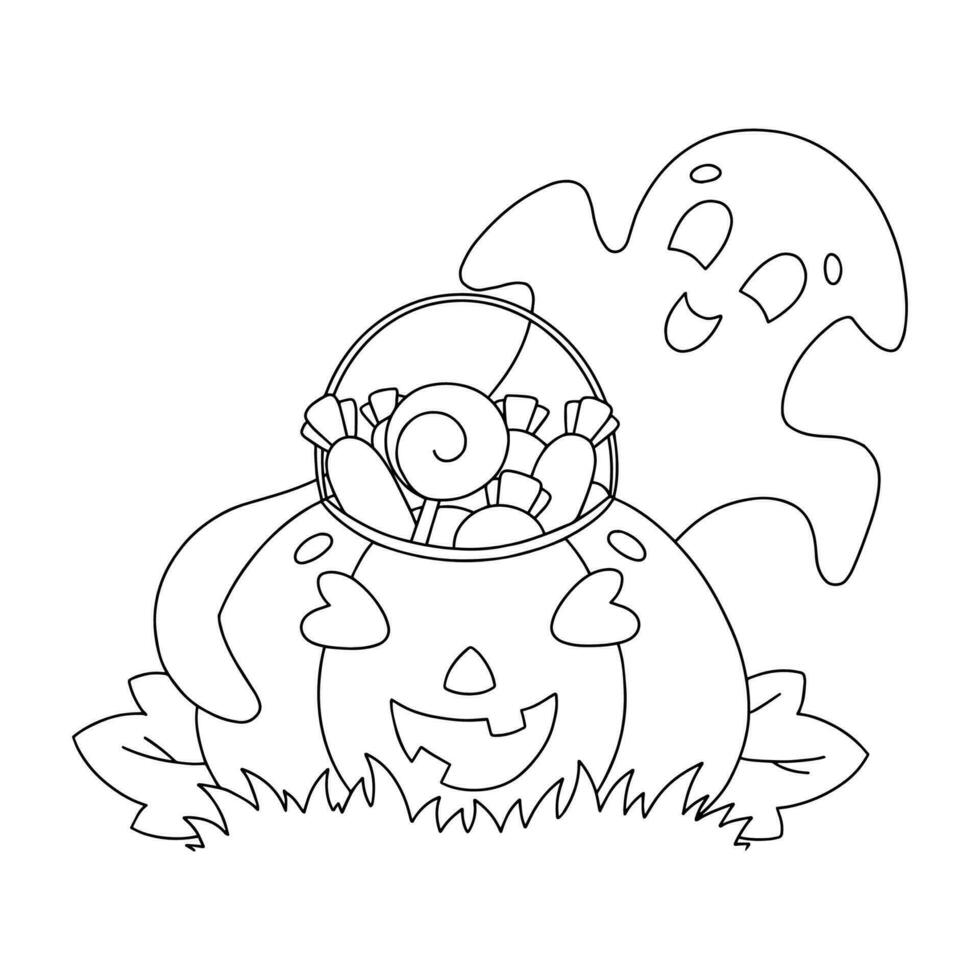 Ghost and pumpkin. Coloring book page for kids. Halloween theme