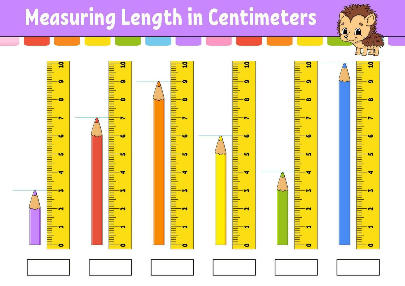 Measuring length in centimeter with ruler. Education developing worksheet. Game for kids. Color activity page. Puzzle for children. Cute character. Vector illustration. cartoon style.