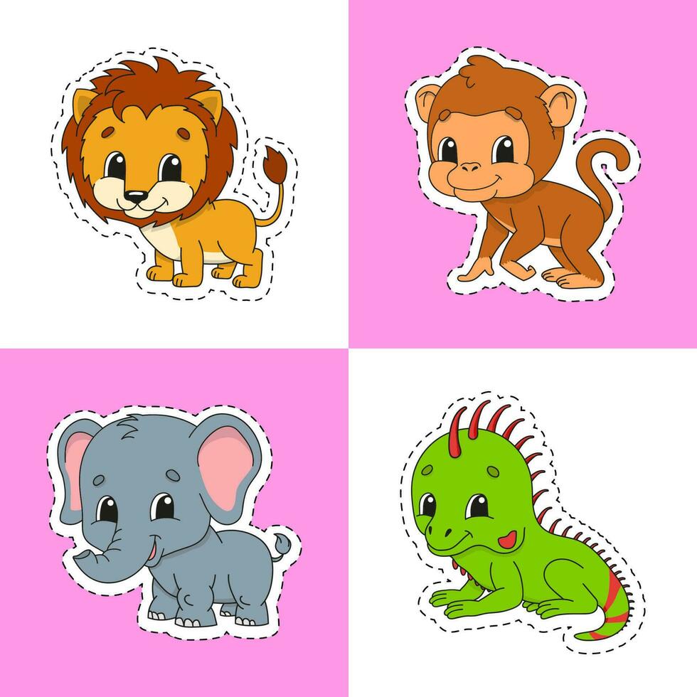 Set of bright color stickers for kids. Animal theme. Cute cartoon characters. Vector illustration isolated on color background.