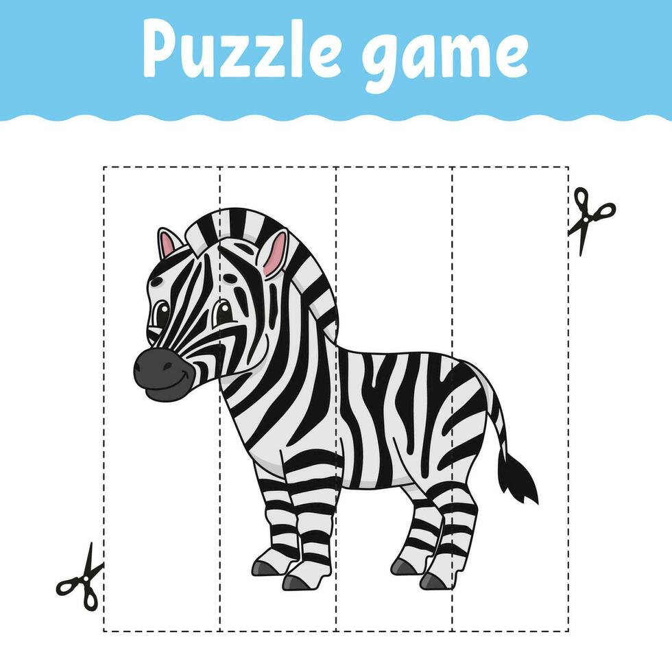 Puzzle game for kids. Cutting practice. Education developing worksheet. Activity page. cartoon character. Vector illustration.