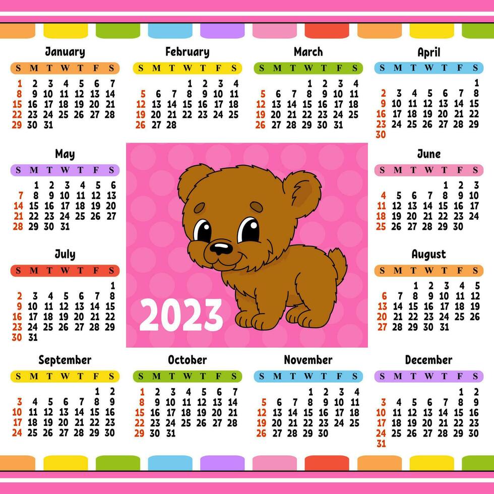 calendario para 2023 con un lindo personaje. diseño divertido y brillante. ilustración de vector de color aislado. estilo de dibujos animados