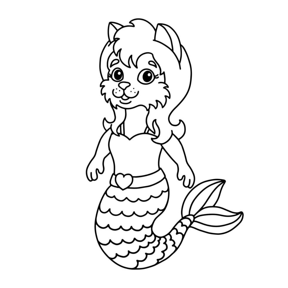 Cute little mermaid cat. Coloring book page for kids. Cartoon style. Vector illustration isolated on white background.