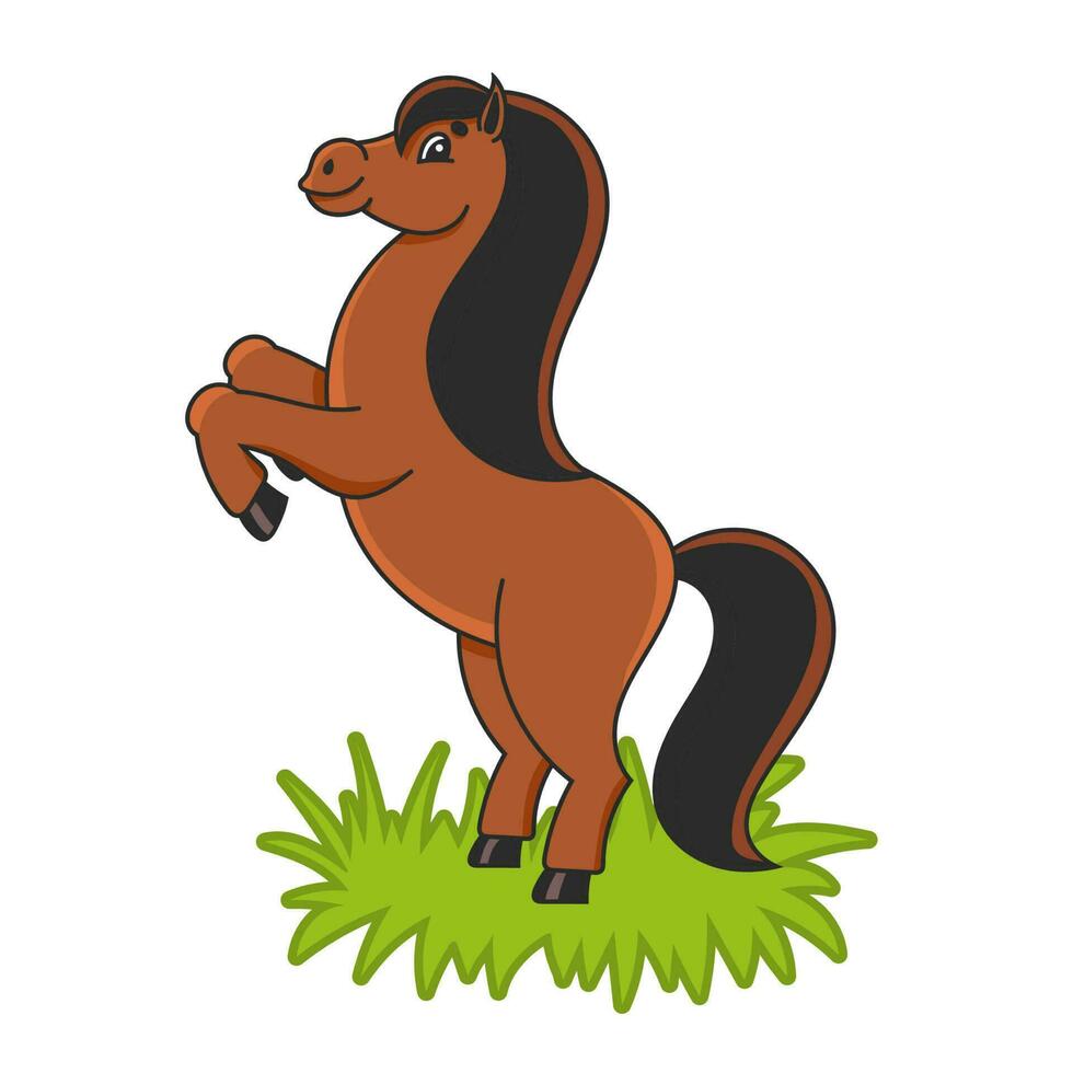 Horse reared up. The farm animal stands on its hind legs. Cartoon style. Simple flat vector illustration.