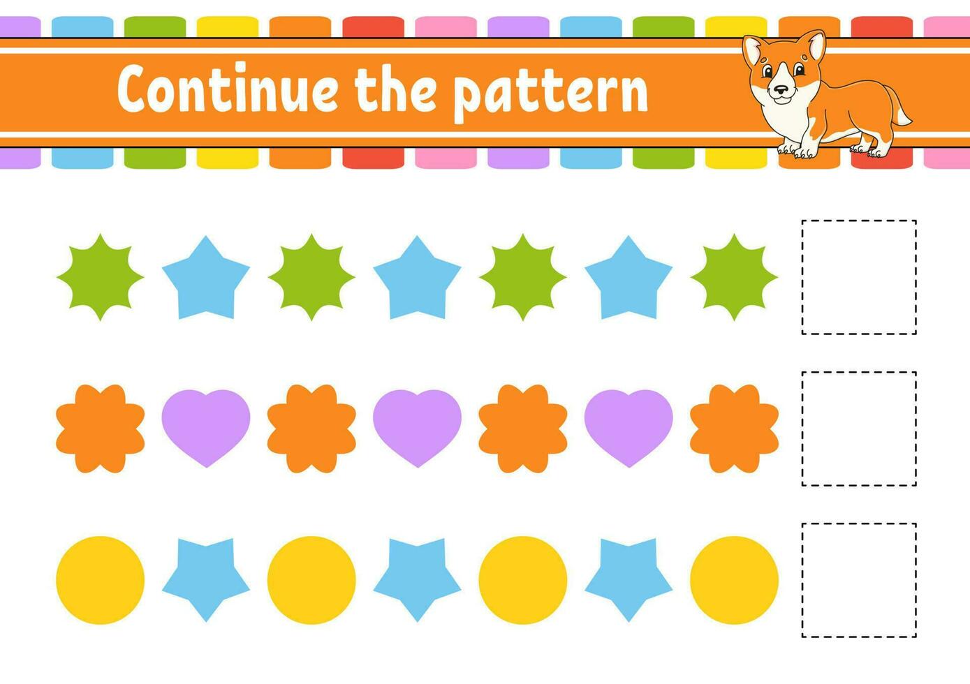 Continue the pattern. Education developing worksheet. Game for kids. Activity page. Puzzle for children. Riddle for preschool. Cute cartoon style. Vector illustration.