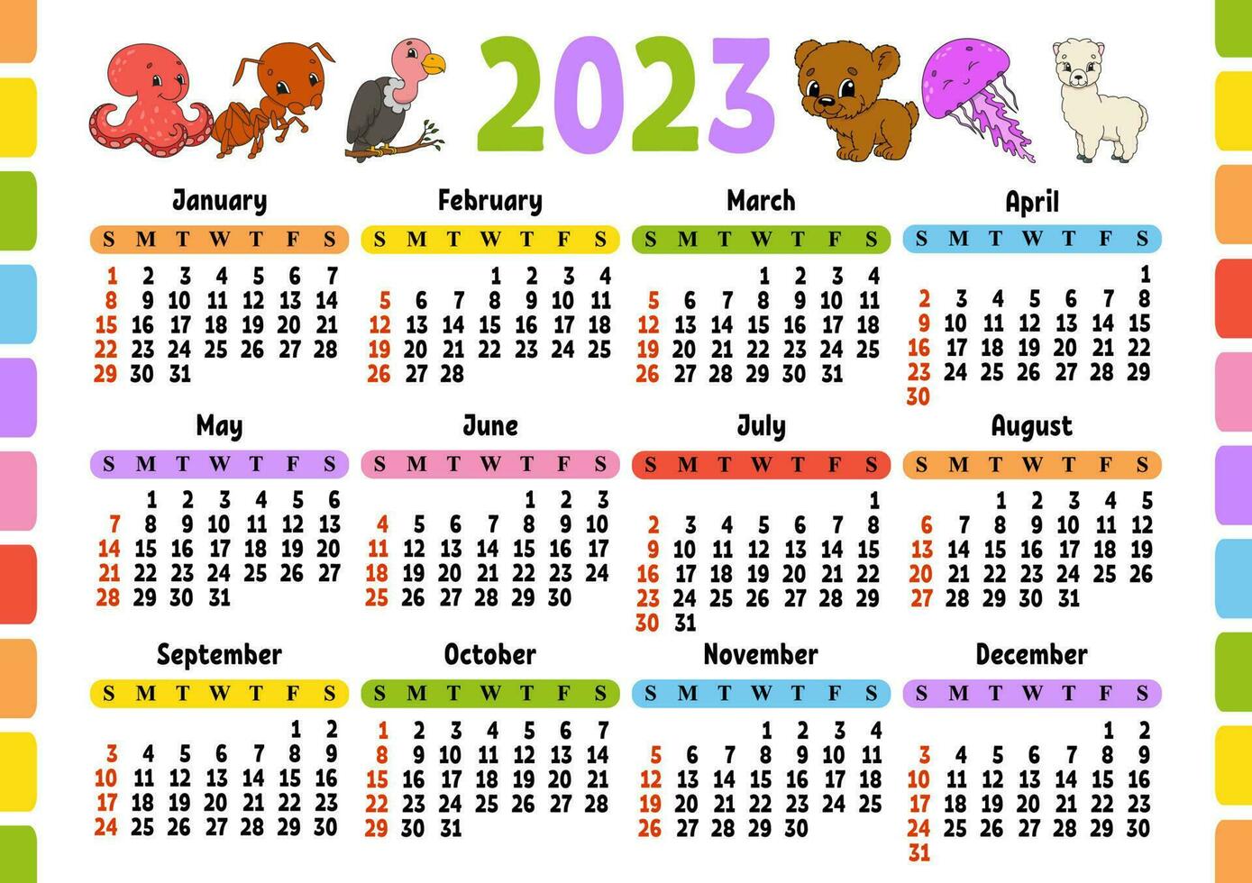 calendario para 2023 con un lindo personaje. diseño divertido y brillante. ilustración de vector de color aislado. estilo de dibujos animados