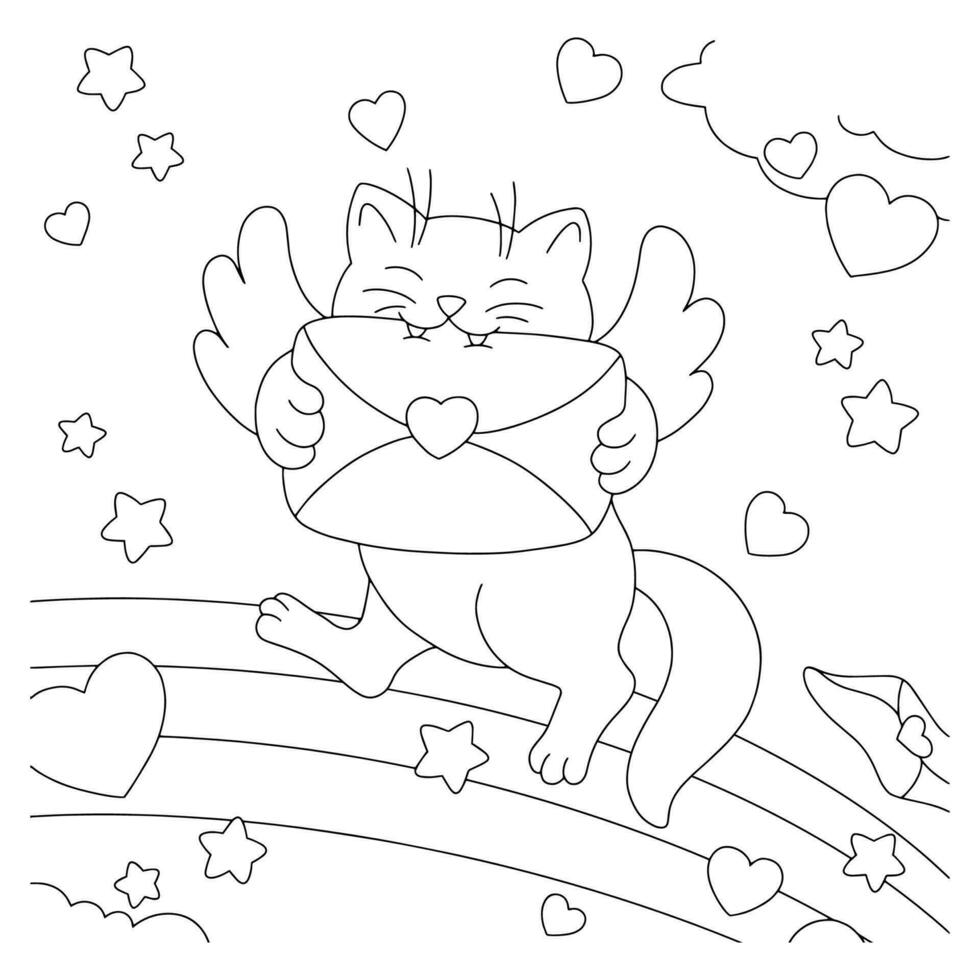 amoroso gato con alas. colorante libro página para niños. San Valentín día. dibujos animados estilo personaje. vector ilustración aislado en blanco antecedentes.