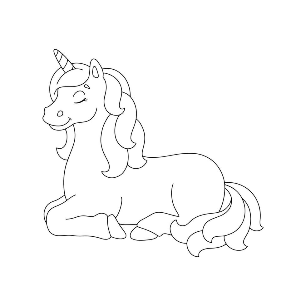 Magic unicorn. Fairy horse. Coloring page for kids. Digital stamp. Cartoon style character. Vector illustration isolated on white background.