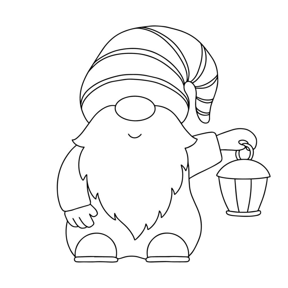Garden gnome with a lantern. Coloring book page for kids. Cartoon style character. Vector illustration isolated on white background.