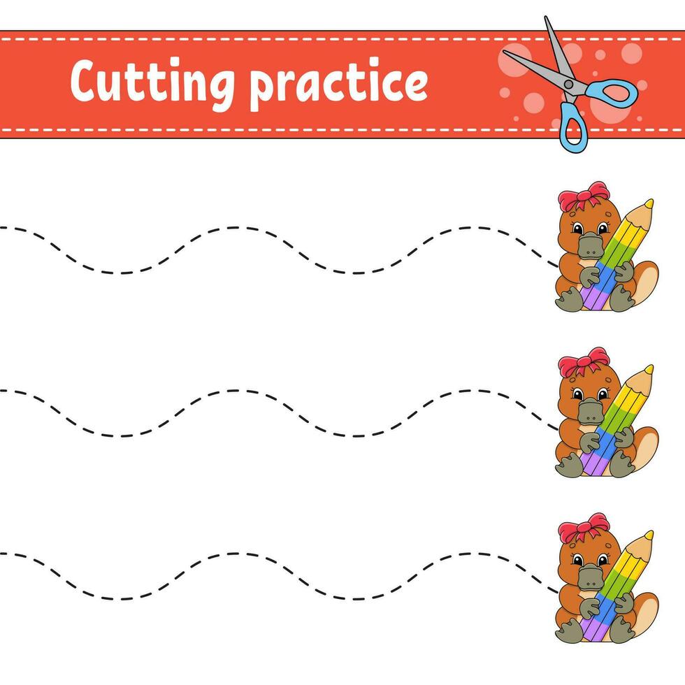 Cutting practice for kids. Education developing worksheet. Activity page. Color game for children. Isolated vector illustration. cartoon character.