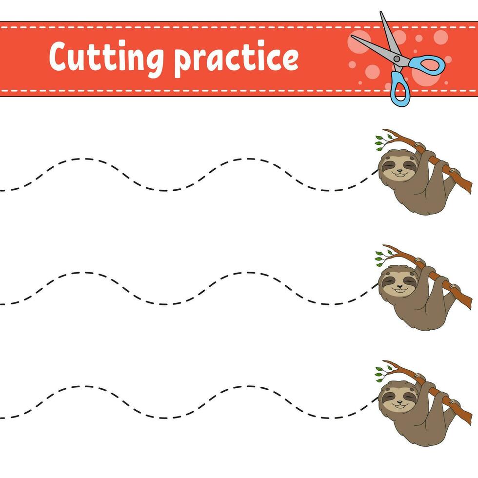 Cutting practice for kids. Education developing worksheet. Activity page. Color game for children. Isolated vector illustration. cartoon character. Animal theme.