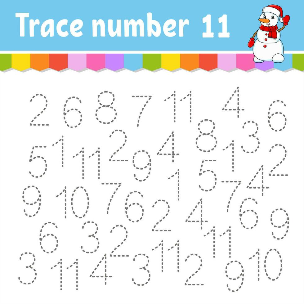 Trace number . Handwriting practice. Learning numbers for kids. Education developing worksheet. Activity page. Christmas theme. Isolated vector illustration in cute cartoon style.