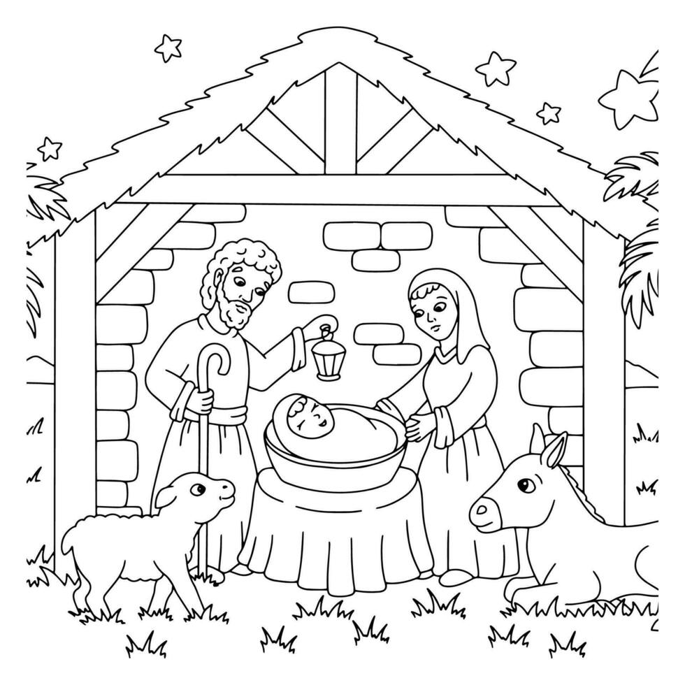 Nativity scene. Coloring book page for kids. Cartoon style character. Vector illustration isolated on white background.