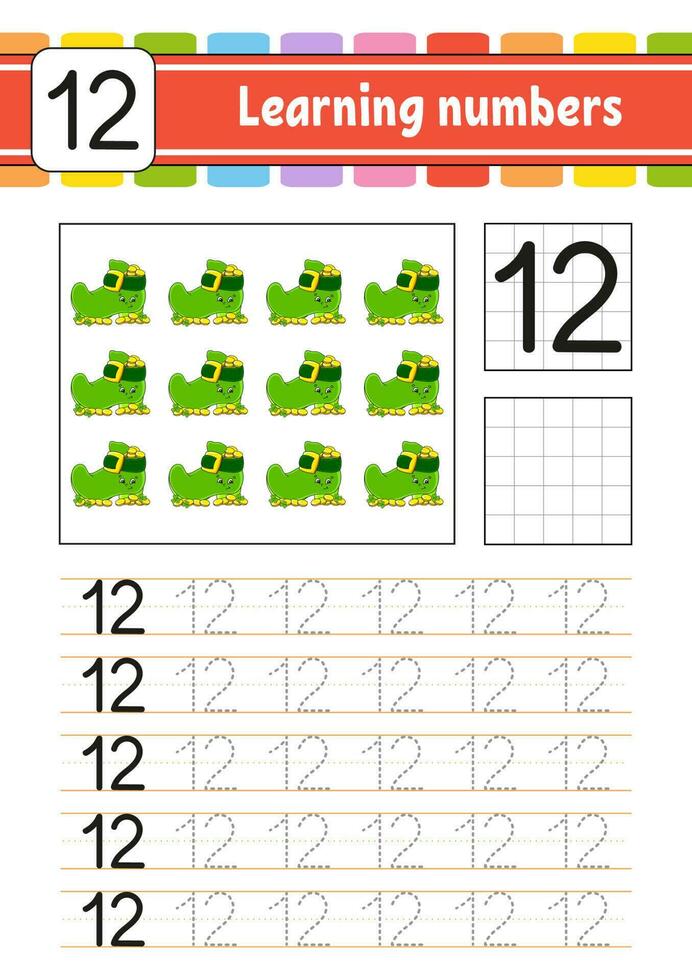 Trace and write numbers. Handwriting practice. Learning numbers for kids. Education developing worksheet. Activity page. Vector illustration.