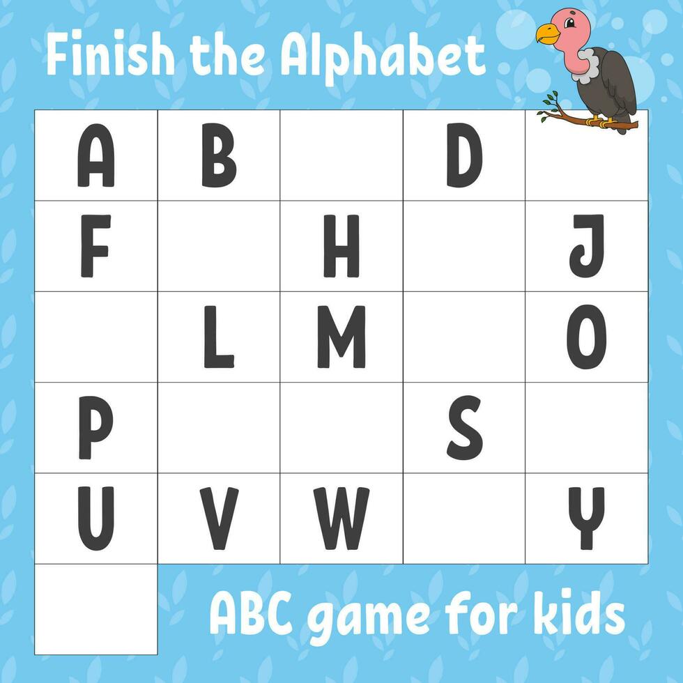 Finish the alphabet. ABC game for kids. Education developing worksheet. Learning game for kids. Color activity page. Vector illustration.