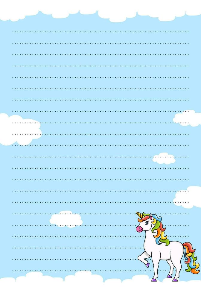 Colored sheet template for notes with unicorn. Paper page for journal, notebook, diary, letters, schedule, organizer. Cute cartoon character. Lined sheet. Vector illustration.