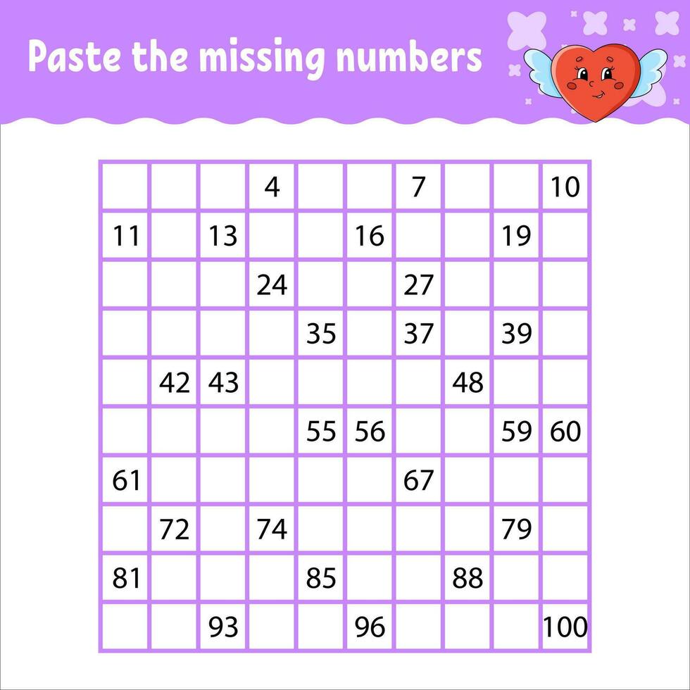 Paste the missing numbers from 1 to 100. Handwriting practice. Learning numbers for kids. Education developing worksheet. Activity page. Isolated vector illustration in cute cartoon style.