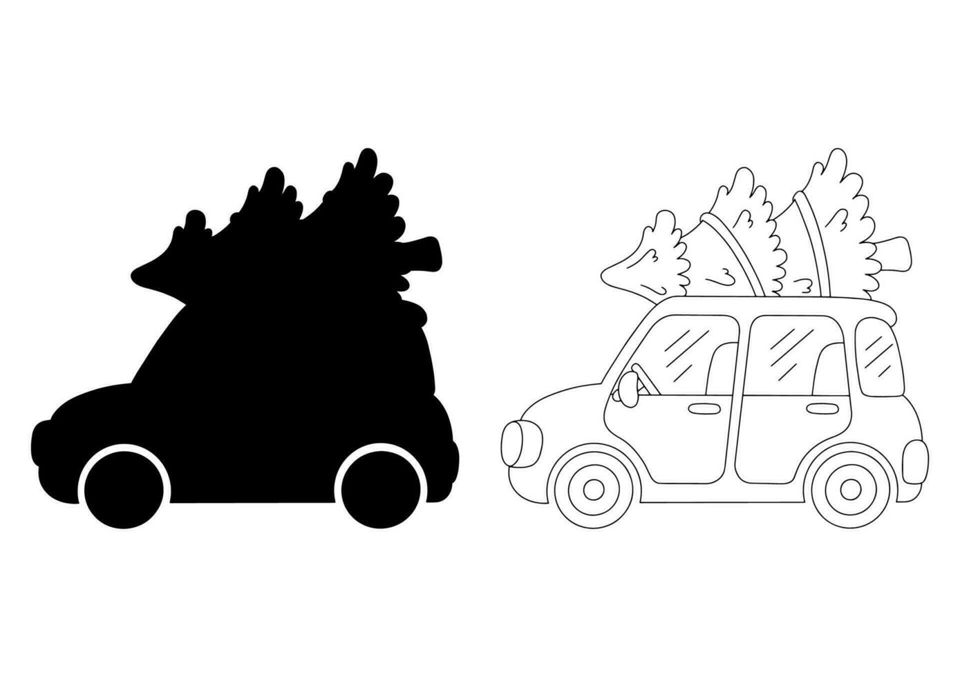 Black silhouette. Design element. The car is carrying a Christmas tree. Vector illustration isolated on white background. Template for books, stickers, posters, cards, clothes.