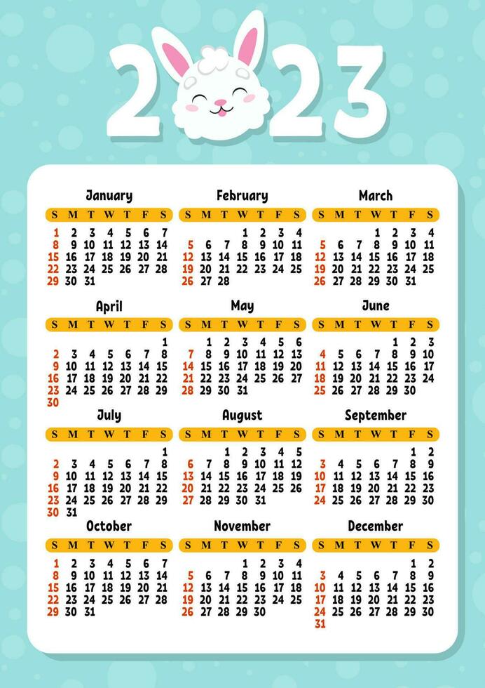 Color calendar for 2023 with a cute character rabbit. Week starts on Sunday. Fun and bright design. cartoon style. Vector illustration.