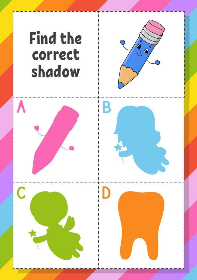 Find the correct shadow. Education developing worksheet for kids. Puzzle game. Activity page. cartoon character. Vector illustration.