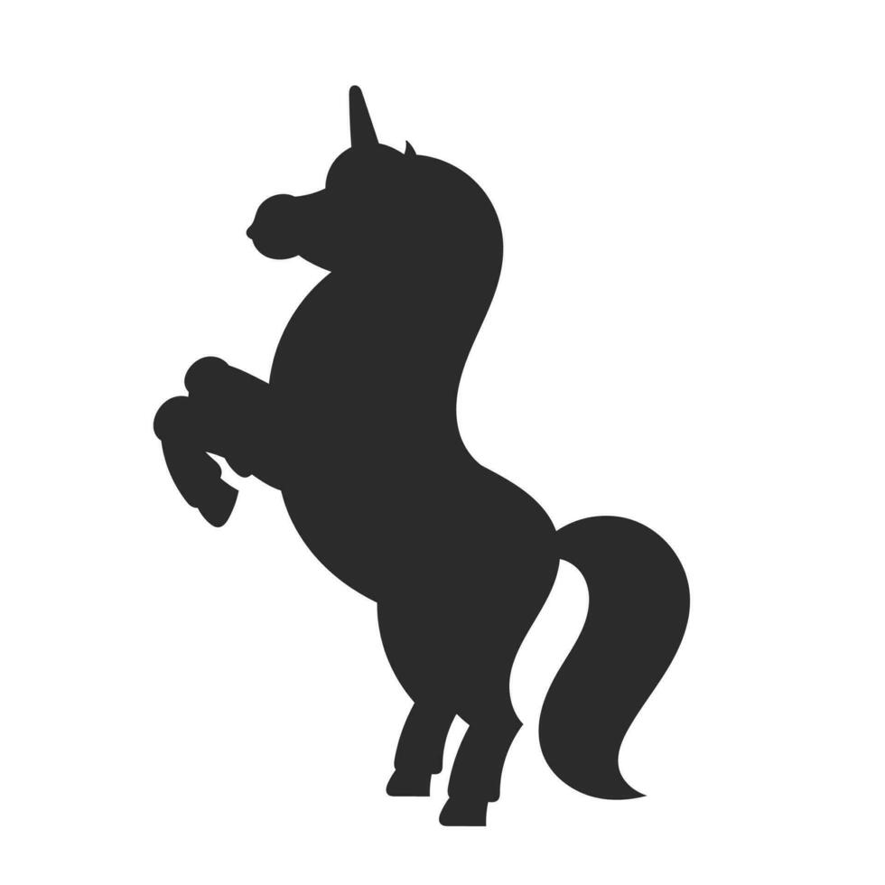 Black silhouette. The magical unicorn reared up. The animal horse stands on its hind legs. Cartoon style. Simple flat vector illustration.