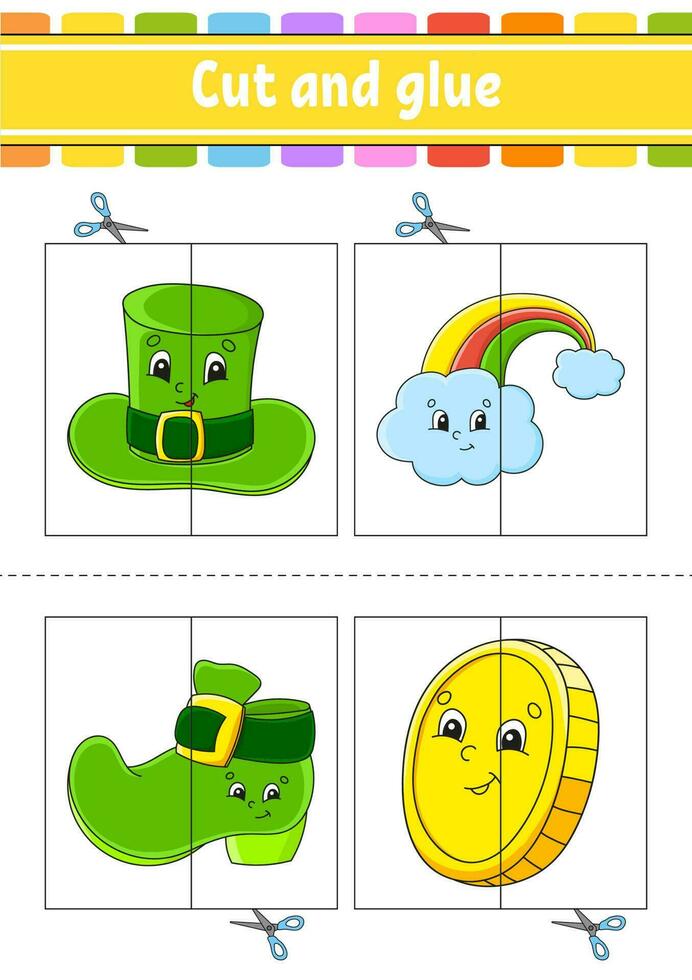 Cut and play. Paper game with glue. Flash cards. Education worksheet. Activity page. St. Patrick's Day. vector