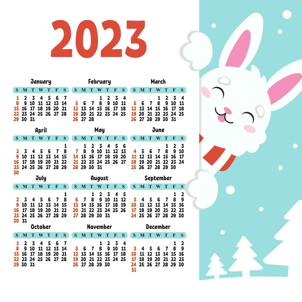 Color calendar for 2023 with a cute character rabbit. Week starts on Sunday. Fun and bright design. cartoon style. Vector illustration.