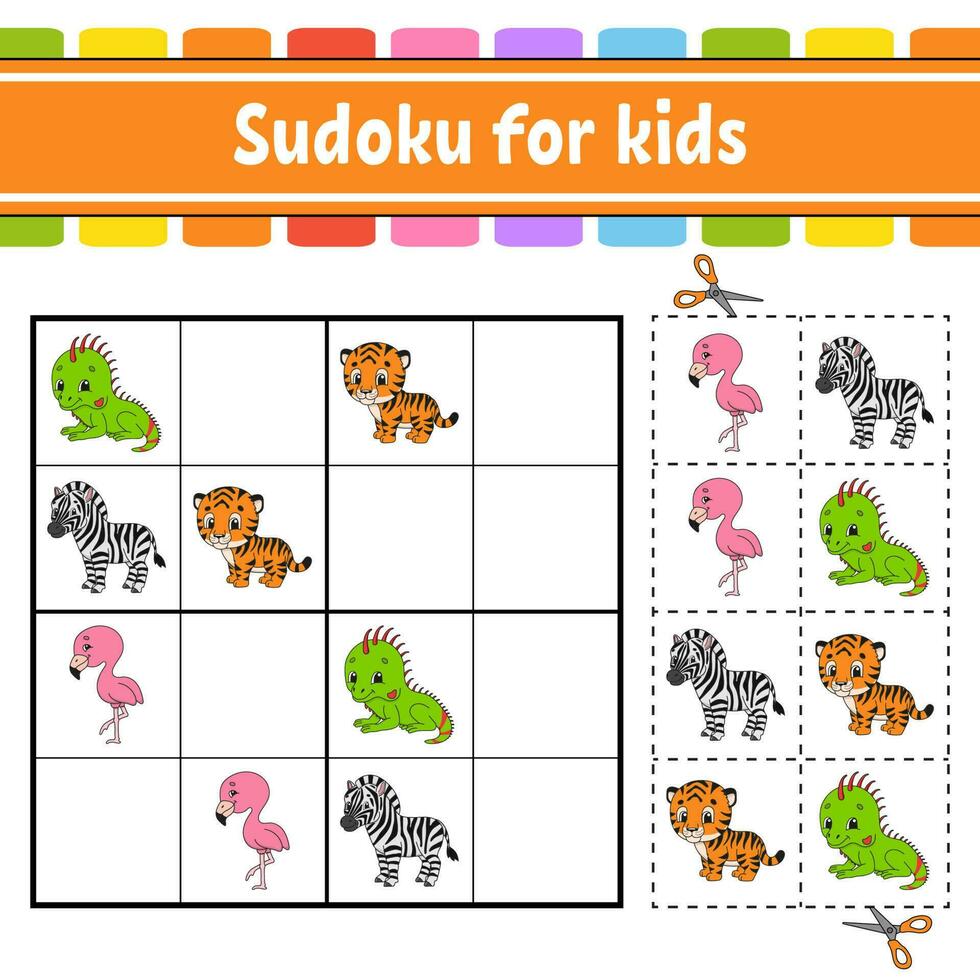 Sudoku for kids. Education developing worksheet. Activity page with pictures. Puzzle game for children. Logical thinking training. Isolated vector illustration. Animal theme. cartoon style.