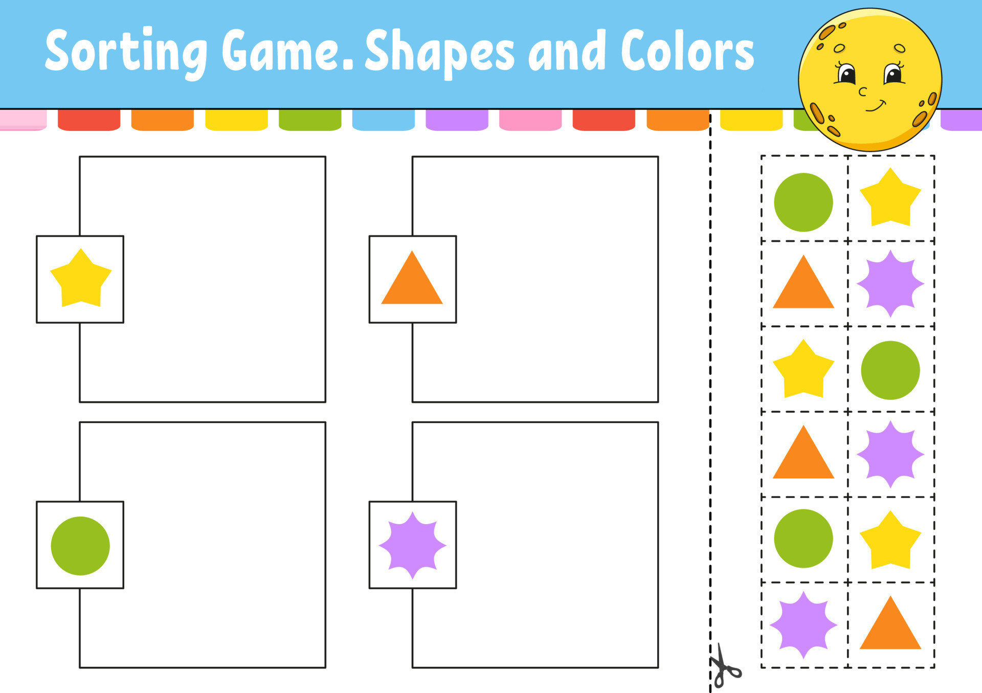 Sorting game. Shapes and colors. Cut and glue. Education developing