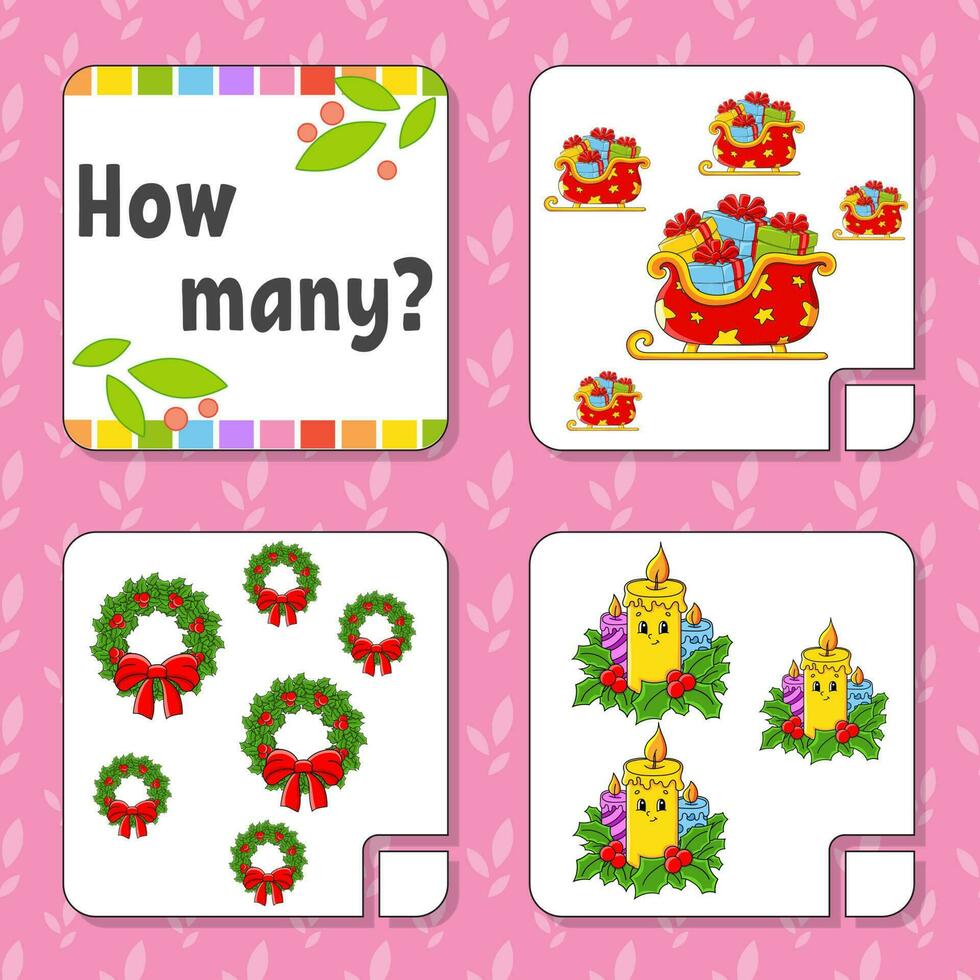 Counting game for children. Happy characters. Learning mathematics. How many object in the picture. Education worksheet. Christmas theme. Isolated vector illustration in cute cartoon style.