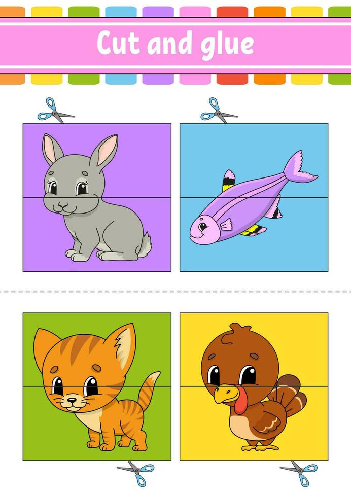 Cut and play. Paper game with glue. Flash cards. Education worksheet. Activity page. Funny character. Isolated vector illustration. cartoon style.