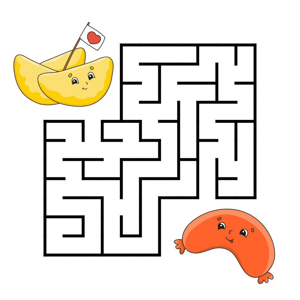 Square maze. Game for kids. Puzzle for children. Labyrinth conundrum. Color vector illustration. Isolated vector illustration. cartoon character. Barbecue theme.