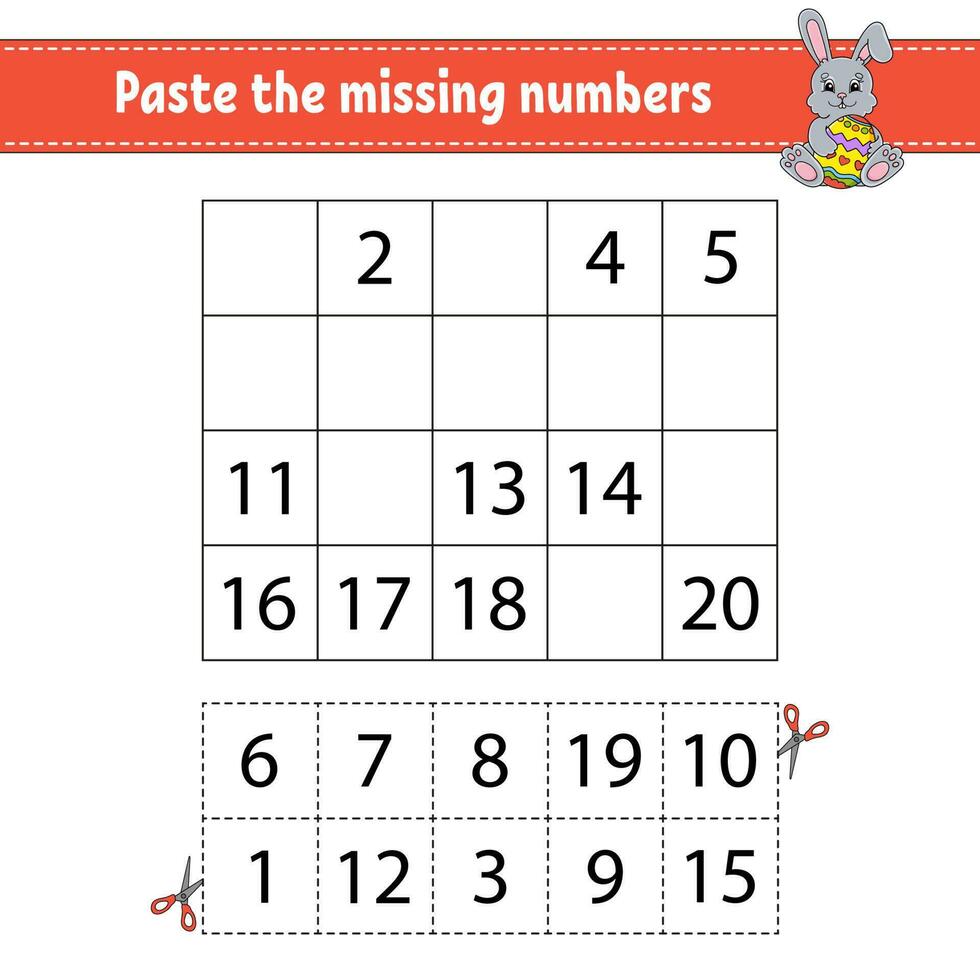 Paste the missing numbers 1-20. Game for children. Handwriting practice. Learning numbers for kids. vector