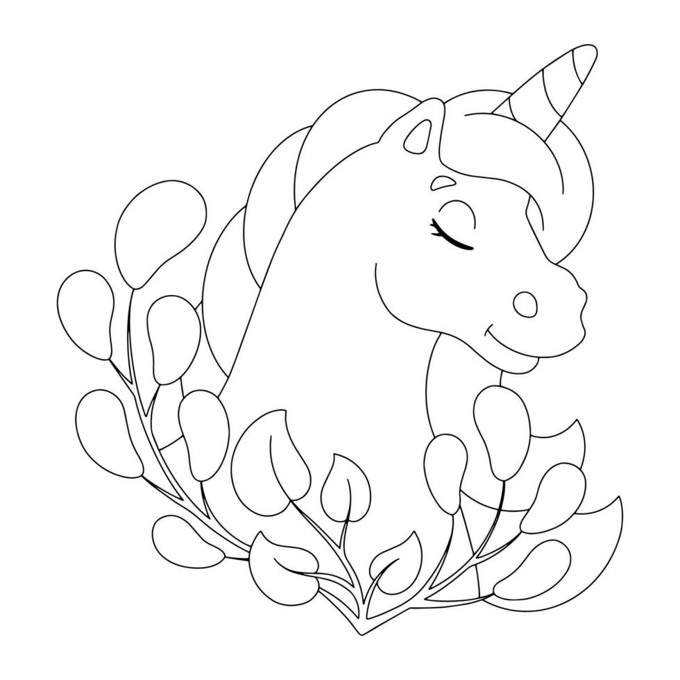 un hermosa unicornio con un maravilloso melena. colorante libro página para niños. dibujos animados estilo personaje. vector ilustración aislado en blanco antecedentes.