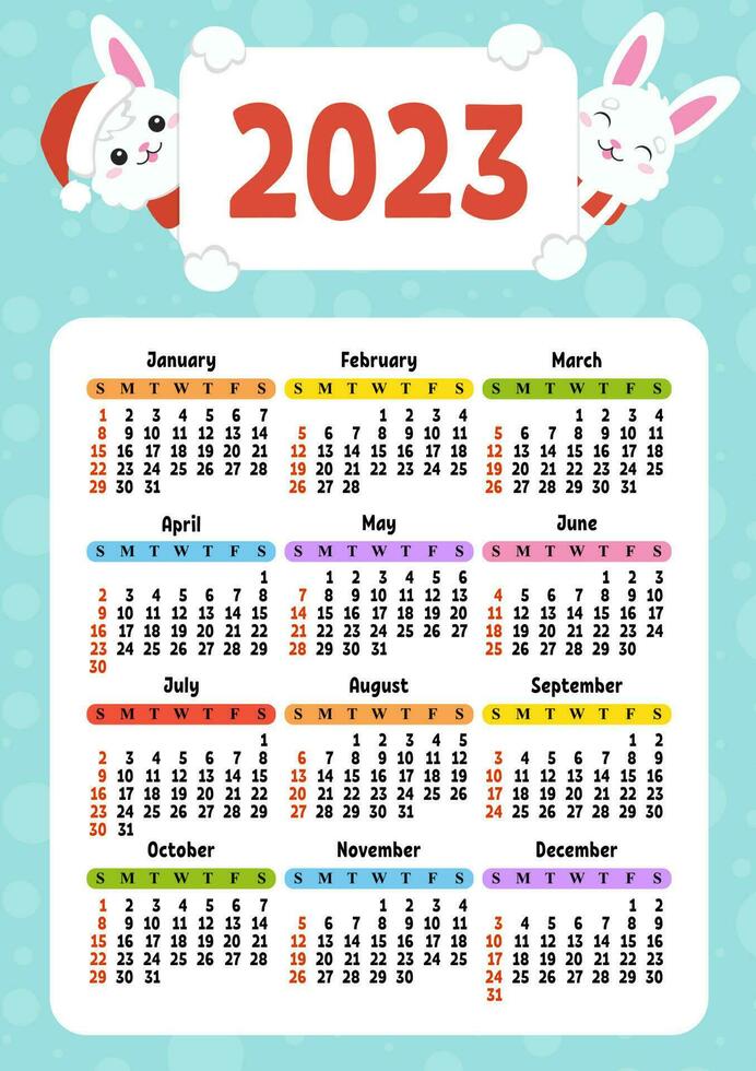 Color calendar for 2023 with a cute character rabbit. Week starts on Sunday. Fun and bright design. cartoon style. Vector illustration.