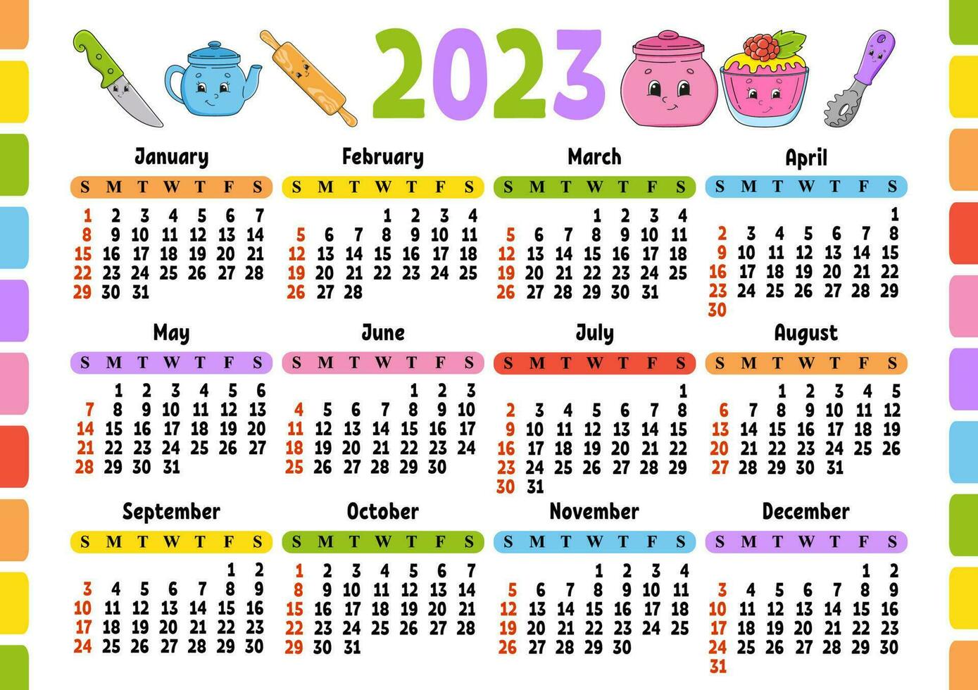 Calendar for 2023 with a cute character. Fun and bright design. Isolated color vector illustration. cartoon style.