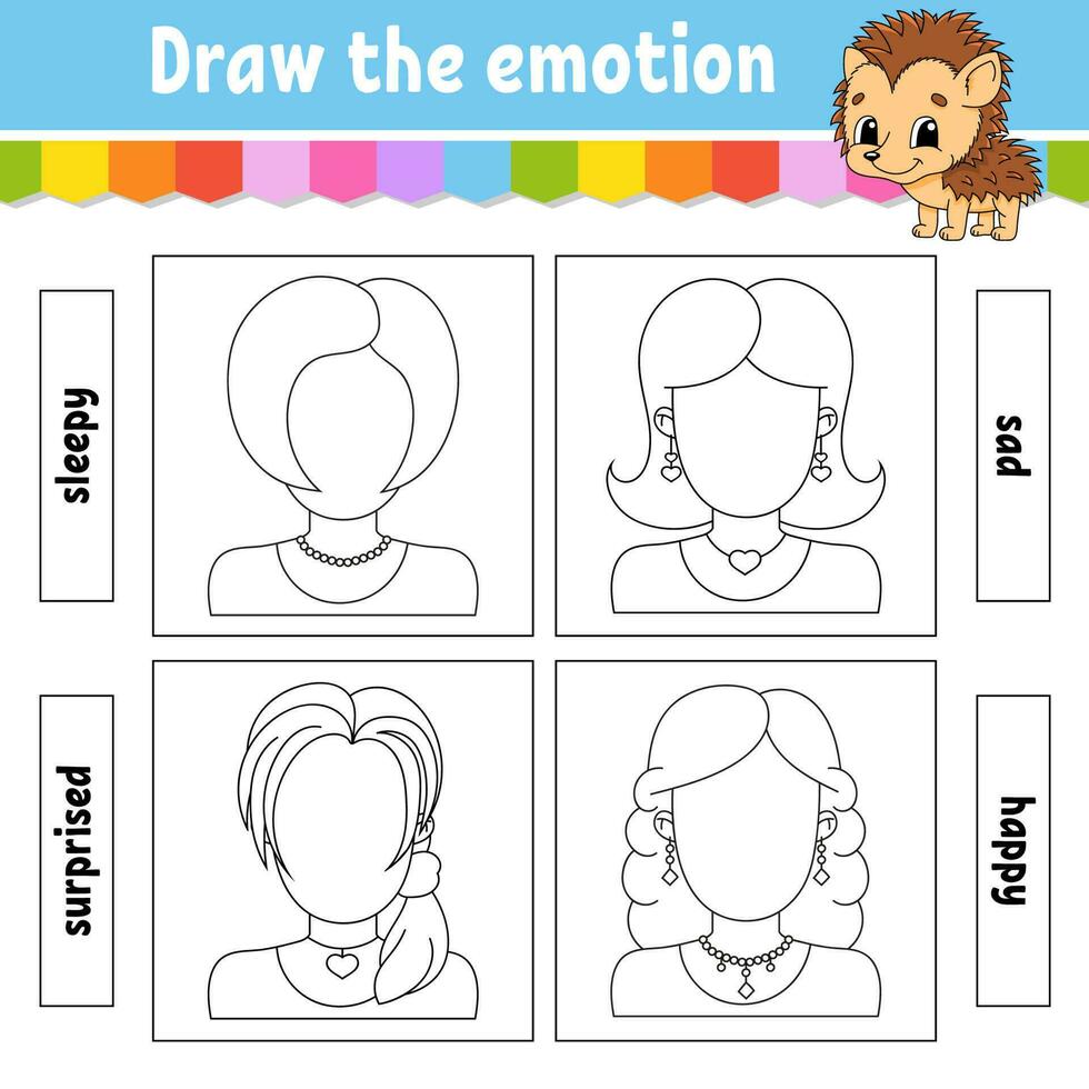 Draw the emotion. Worksheet complete the face. Coloring book for kids. Cheerful character. Vector illustration. Black contour silhouette. Vector illustration.