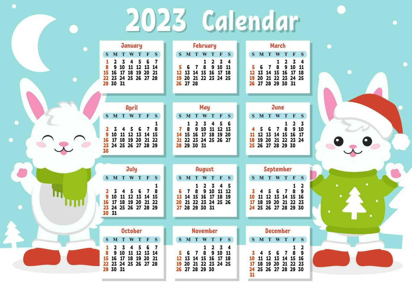 Color calendar for 2023 with a cute character rabbit. Week starts on Sunday. Fun and bright design. cartoon style. Vector illustration.