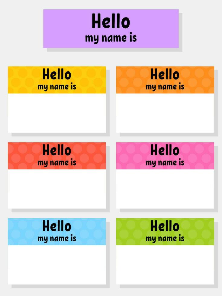 Hello name badge. Bright stickers. Rectangular label. Color vector isolated illustration.
