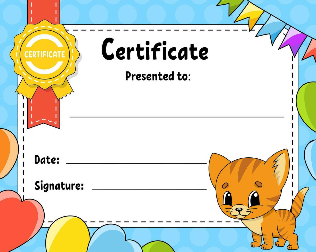 Certificate template for kids. Colorful school and preschool diploma. With cute character. Vector illustration.