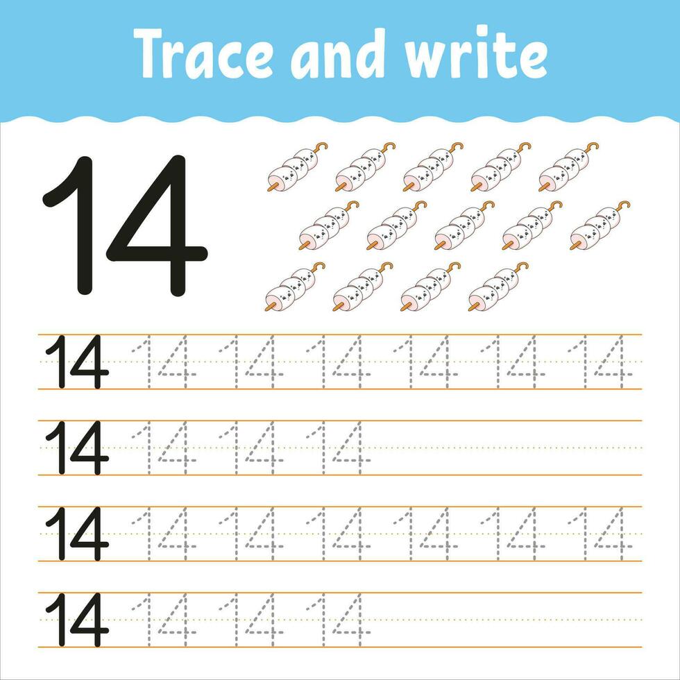 Learn Numbers. Trace and write. Handwriting practice. Learning numbers for kids. Education developing worksheet. Color activity page. Isolated vector illustration in cute cartoon style.