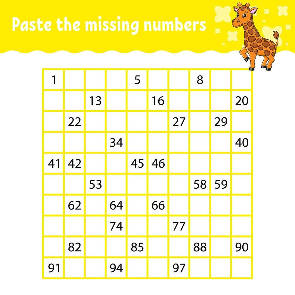 Paste the missing numbers from 1 to 100. Handwriting practice. Learning numbers for kids. Education developing worksheet. Activity page. Isolated vector illustration in cute coon style.