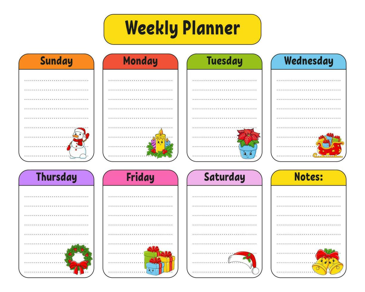 Weekly planner. Bright colorful blank printable template. Vector illustration.